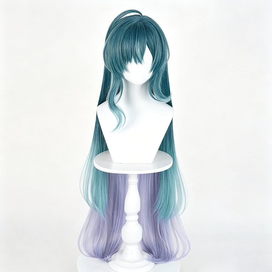Genshin Impact Vodyanitsa cosplay wig frames the face with teal bangs and long strands fading into purple ends.