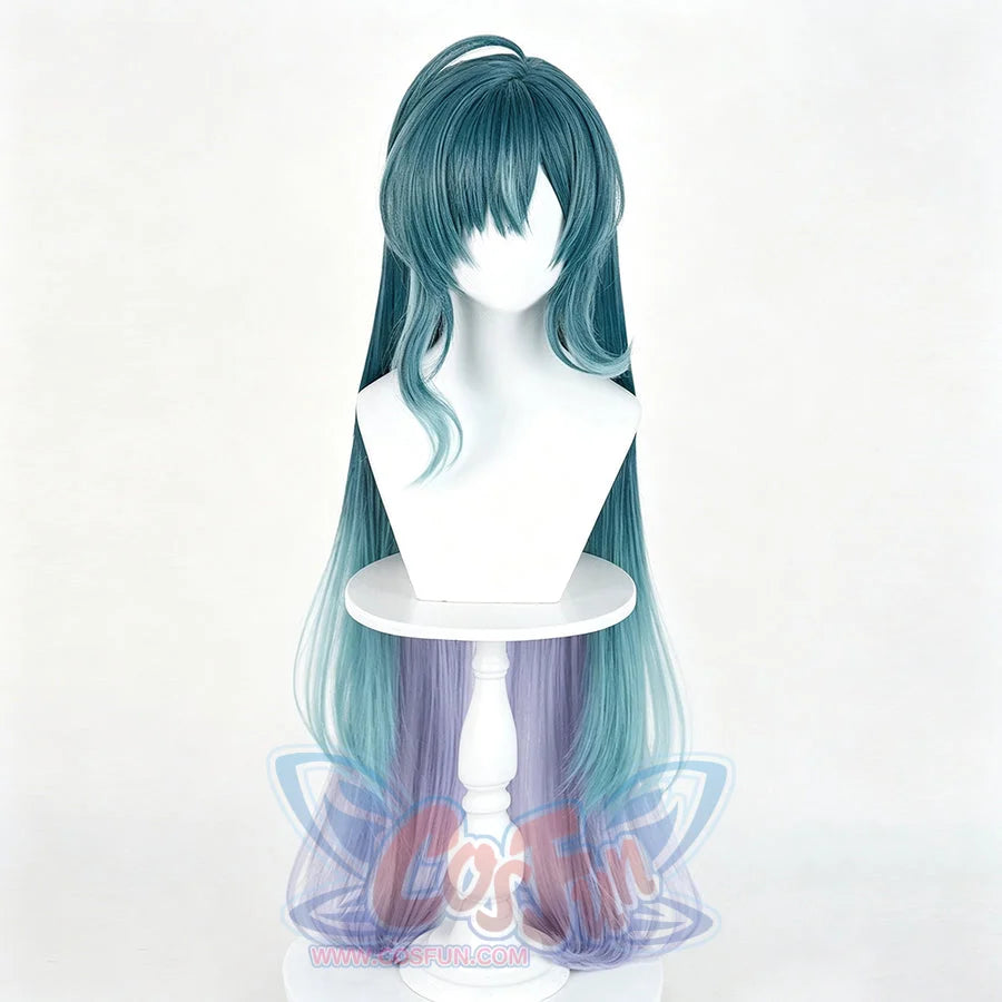 Genshin Impact Vodyanitsa cosplay wig frames the face with teal bangs and long strands fading into purple ends.