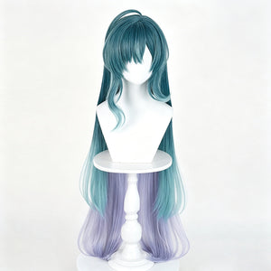 Genshin Impact Vodyanitsa cosplay wig frames the face with teal bangs and long strands fading into purple ends.