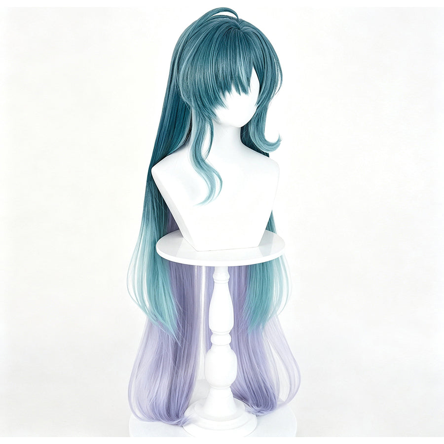 Genshin Impact Vodyanitsa cosplay wig with long teal strands that transition into a soft purple gradient at the ends.