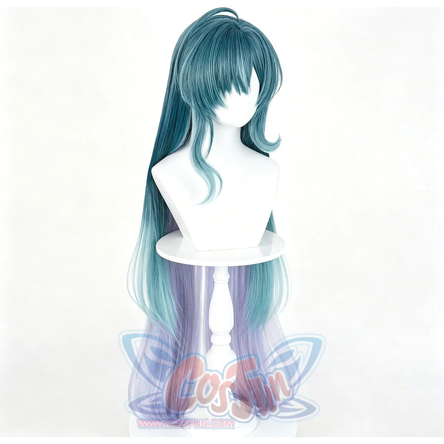 Genshin Impact Vodyanitsa cosplay wig with long teal strands that transition into a soft purple gradient at the ends.