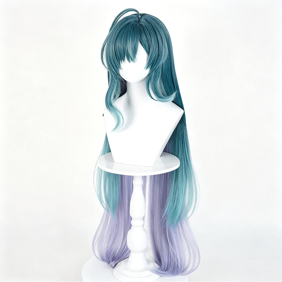 COSFUN Genshin Impact Vodyanitsa cosplay wig frames the face with long teal layers that transition into a purple gradient.