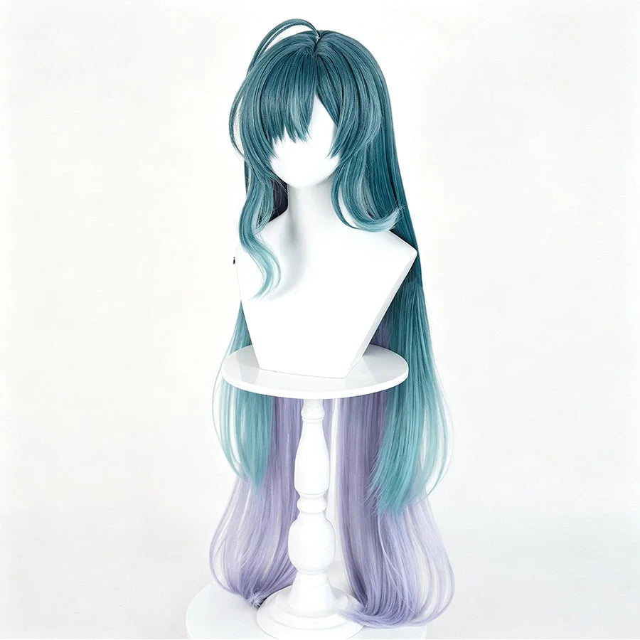 COSFUN Genshin Impact Vodyanitsa cosplay wig frames the face with long teal layers that transition into a purple gradient.