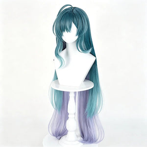 COSFUN Genshin Impact Vodyanitsa cosplay wig frames the face with long teal layers that transition into a purple gradient.