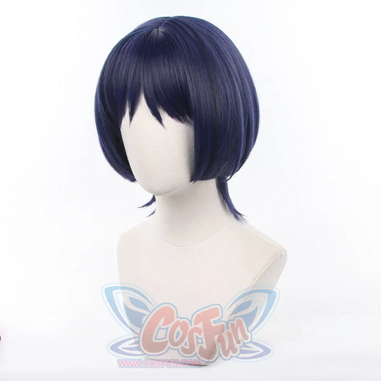Genshin Impact Scaramouche Wanderer cosplay wig frames a straight-cut bob and traces wispy ends at the nape.