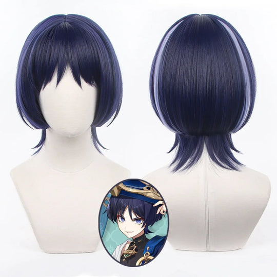 COSFUN Genshin Impact Scaramouche Wanderer cosplay wig pairs a dark navy bob with lighter streaks front and back.