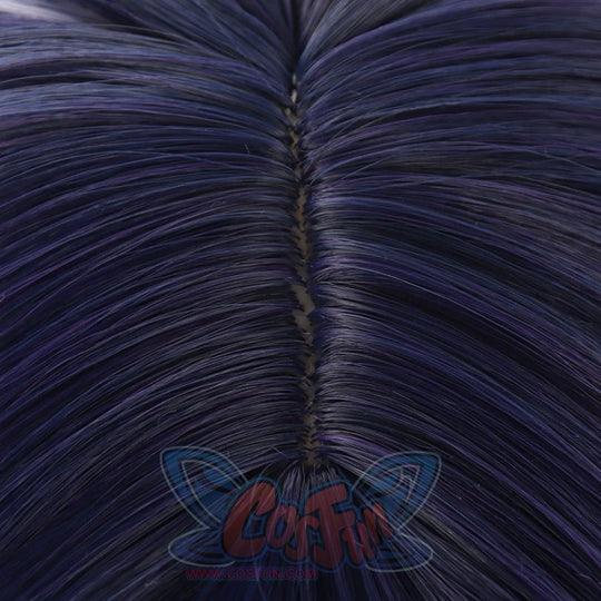 Genshin Impact Scaramouche Wanderer cosplay wig centers a close-up on dark purple strands layered around a central part.