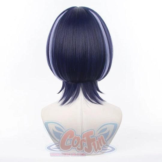 Genshin Impact Scaramouche Wanderer cosplay wig anchors white side streaks above neck-length flipped-out ends at the back.