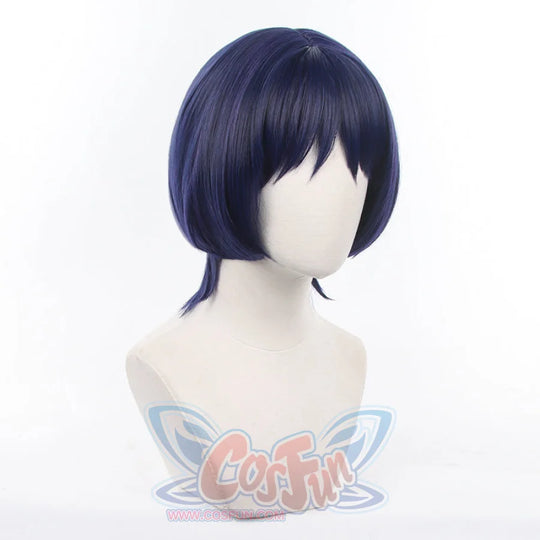 Genshin Impact Scaramouche Wanderer cosplay wig balances straight bangs against small side ponytails in dark navy blue.