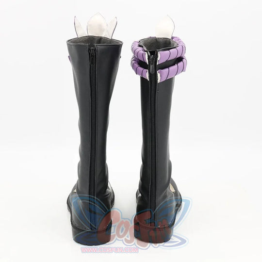 Genshin Impact Xiao cosplay boots rear view traces full-length back zipper and frames white winged structures at opening.