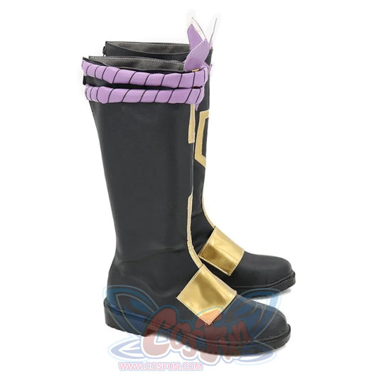Genshin Impact Xiao cosplay boots pair black knee-high silhouette balancing gold panels and purple twisted cord detail.