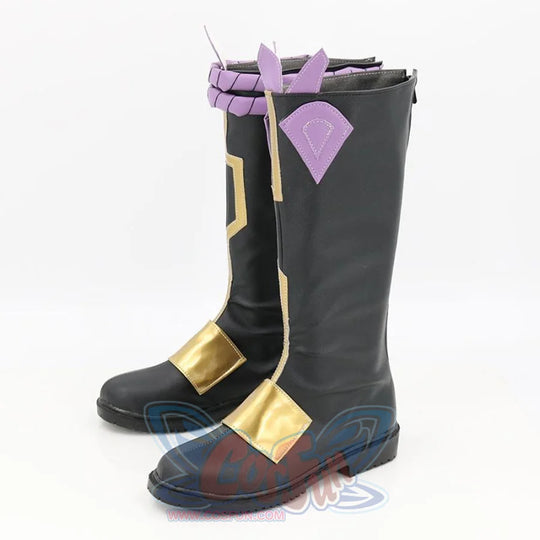 Genshin Impact Xiao cosplay boots mid-calf black pair layers gold instep plates and purple strap patch at top opening.