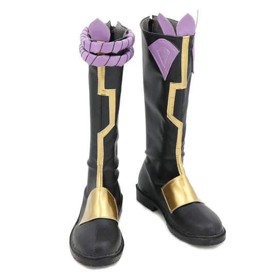 COSFUN Genshin Impact Xiao cosplay boots pairs black matte leather anchoring gold accents and purple wing shapes.