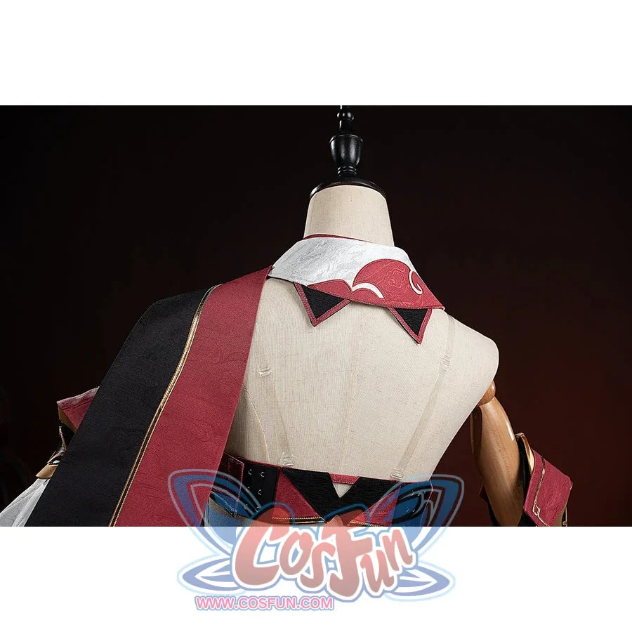 Genshin Impact Yanfei cosplay back collar view places the long red strap between white lapels.