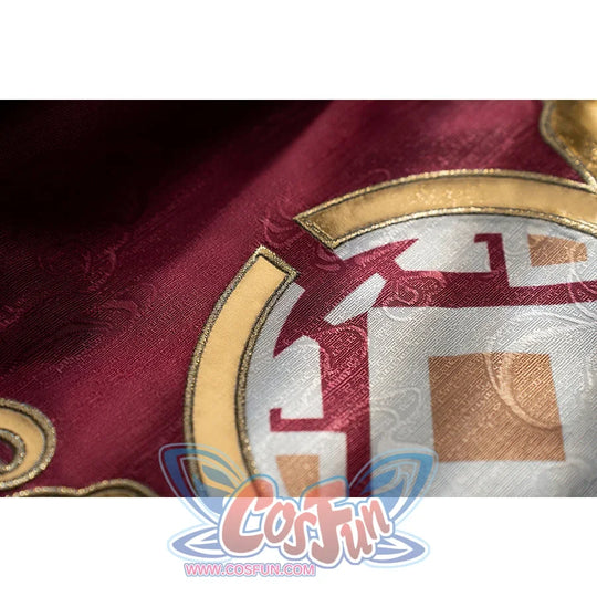 Genshin Impact Yanfei cosplay back emblem detail layers red jacquard under a pale geometric crest.