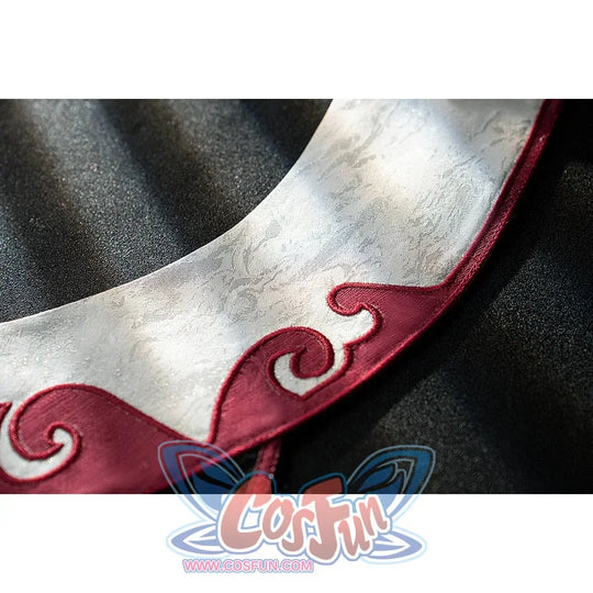 Genshin Impact Yanfei cosplay collar edge detail sets ivory jacquard beside red cloud trim.