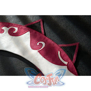 Genshin Impact Yanfei cosplay collar trim detail traces red cloud edging along ivory jacquard.