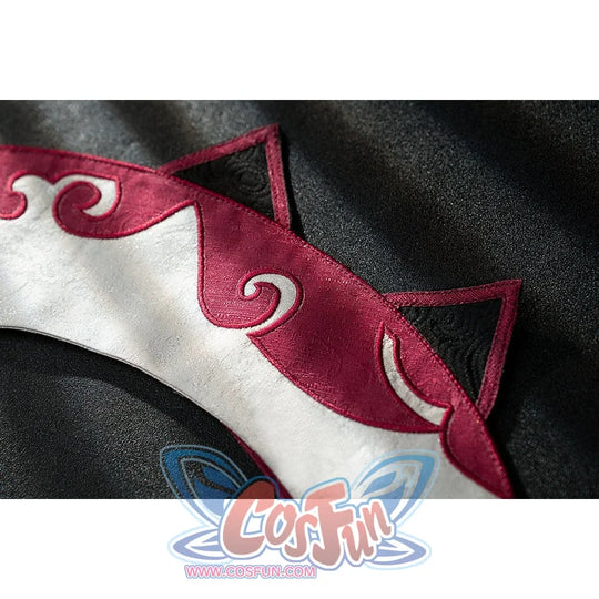 Genshin Impact Yanfei cosplay collar trim detail traces red cloud edging along ivory jacquard.