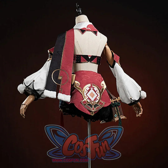 Genshin Impact Yanfei cosplay costume back view centers the long red strap over a shaped skirt panel.