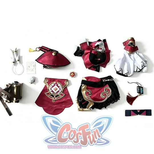 Genshin Impact Yanfei cosplay costume flat lay arranges the red top beside the hat, sleeves, panels, and charms.