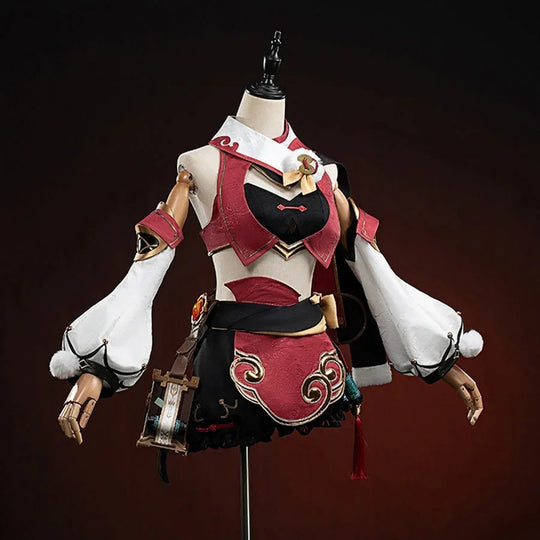 COSFUN Genshin Impact Yanfei cosplay costume layers a red top above ivory sleeves and ornate waist panels.