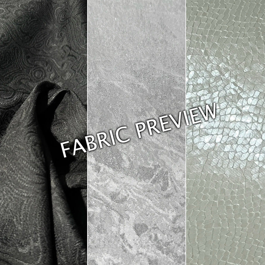 Genshin Impact Yanfei cosplay costume fabric preview moves from black jacquard to silver and pale textured panels