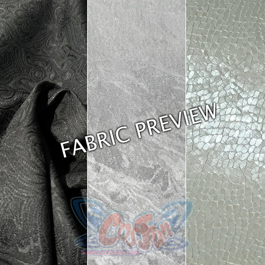 Genshin Impact Yanfei cosplay costume fabric preview moves from black jacquard to silver and pale textured panels