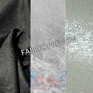 Genshin Impact Yanfei cosplay costume fabric preview moves from black jacquard to silver and pale textured panels