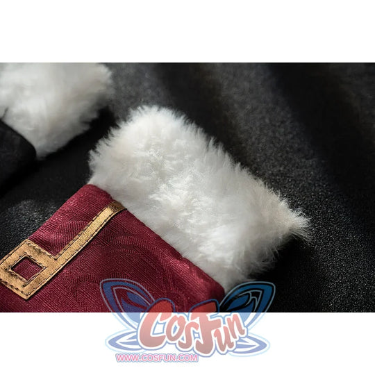 Genshin Impact Yanfei cosplay cuff close-up sets fluffy white trim against burgundy fabric and gold edging.