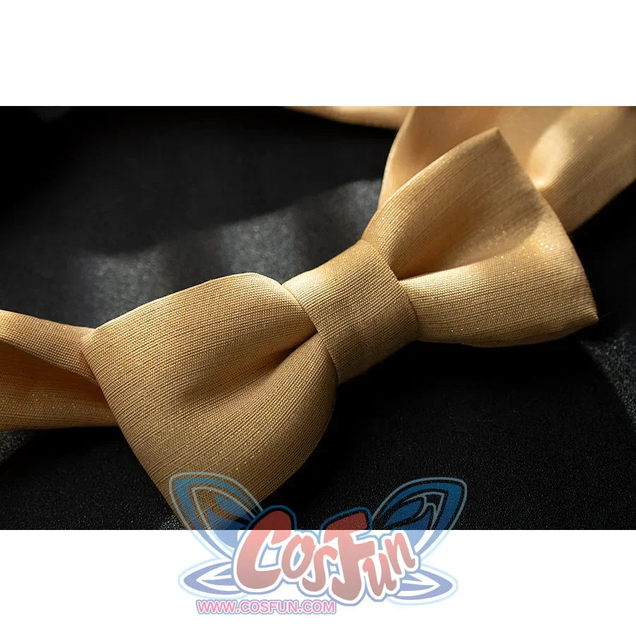 Genshin Impact Yanfei cosplay bow detail shapes a soft gold neck bow for the legal adviser look.
