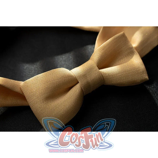 Genshin Impact Yanfei cosplay bow detail shapes a soft gold neck bow for the legal adviser look.