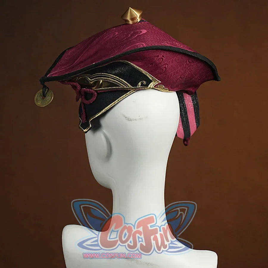 Genshin Impact Yanfei cosplay hat angled view sets the black underside beneath a burgundy brim.