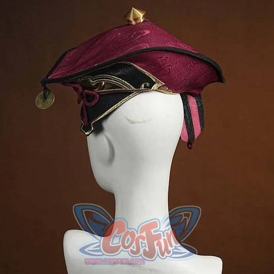 Genshin Impact Yanfei cosplay hat angled view sets the black underside beneath a burgundy brim.