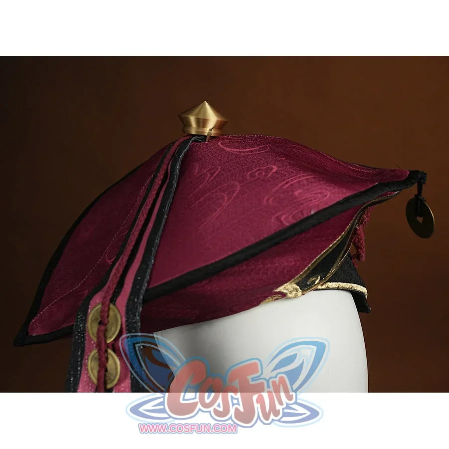 Genshin Impact Yanfei cosplay hat detail layers burgundy jacquard around gold-tone trim and side tassels.