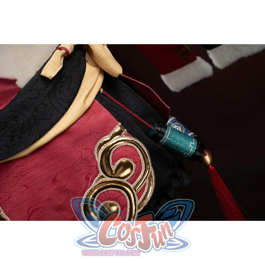 Genshin Impact Yanfei cosplay side waist detail places a teal tassel beside red embroidered trim.