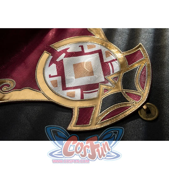 Genshin Impact Yanfei cosplay skirt emblem close-up frames a pale crest with gold-tone edging.