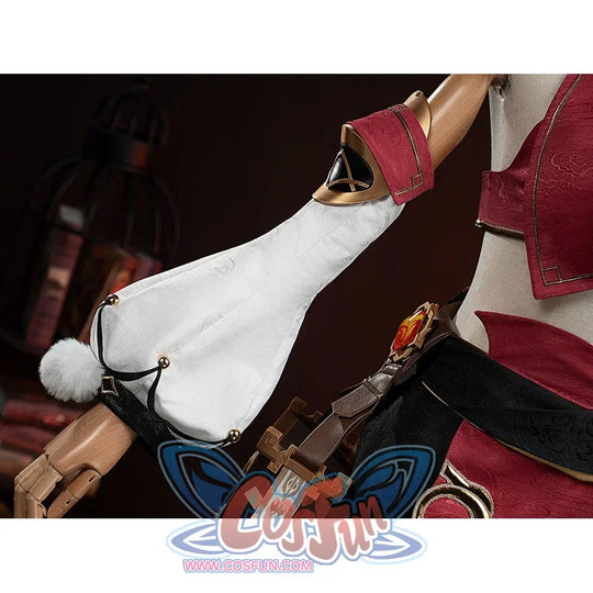 Genshin Impact Yanfei cosplay sleeve detail flows into a white cuff beside the hanging Vision ornament.
