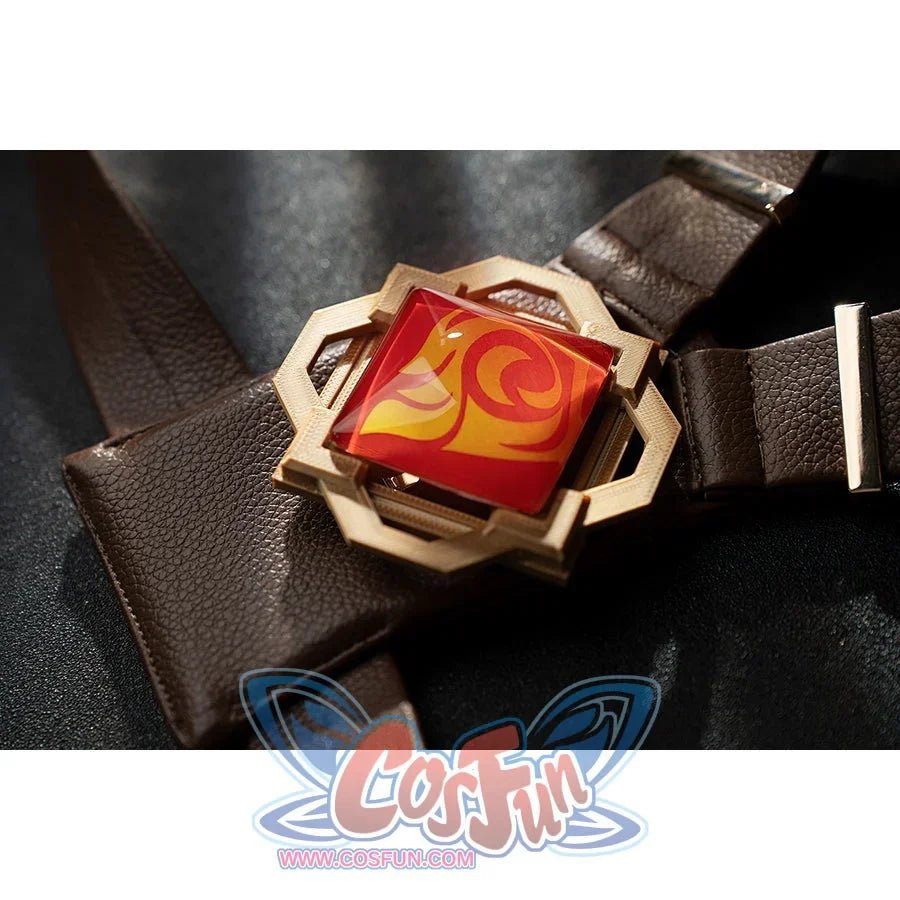 Genshin Impact Yanfei cosplay Vision detail sets a red pyro emblem inside a gold-tone frame.