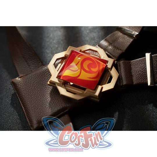 Genshin Impact Yanfei cosplay Vision detail sets a red pyro emblem inside a gold-tone frame.