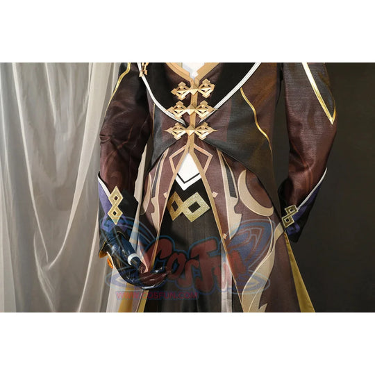 Zhongli Genshin Impact cosplay trench coat pairs gold-buckle waistcoat with a blue glove and patterned bottoms.