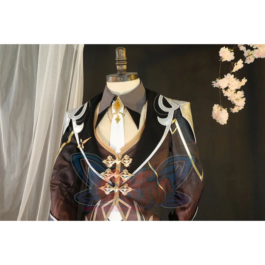 Zhongli Genshin Impact cosplay tailcoat sets white and gold trim against a grey vest paired with a gem-drop tie.