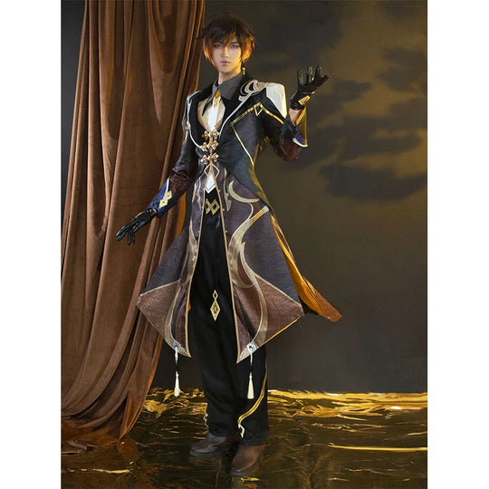 Zhongli Genshin Impact cosplay coat traces asymmetrical tails framed by gold-accented edges above striped pants.