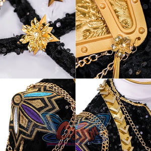 kpop demon hunters rumi cosplay costume with black sequin jacket, gold shoulder details