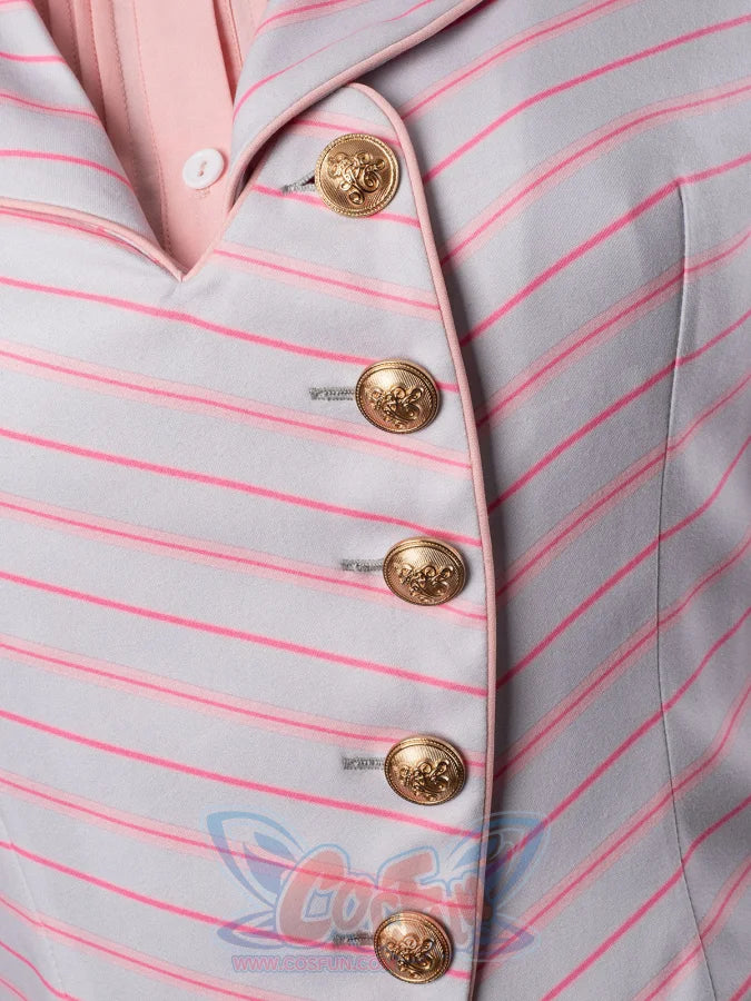 Glinda cosplay blazer detail highlighting gold-tone buttons set along the pink-striped front panel