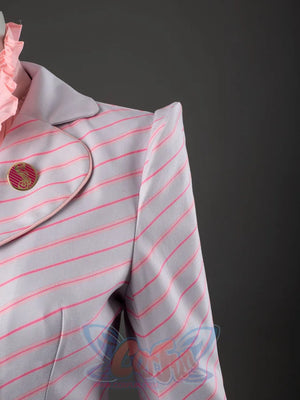 Glinda cosplay blazer shoulder detail showing a structured sleeve traced with pink diagonal stripes