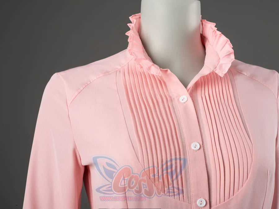 Glinda cosplay blouse close-up highlighting a ruffled collar and vertical pleats along the pink front