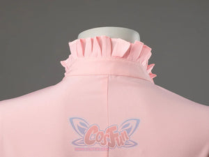 Glinda cosplay blouse back close-up showing the raised pink ruffle collar and center seam