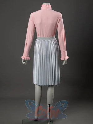 Glinda cosplay costume back view with a pink ruffled blouse set over the silver pleated skirt