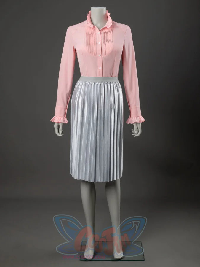 Glinda cosplay costume front view with a ruffled pink blouse tucked into a silver pleated skirt