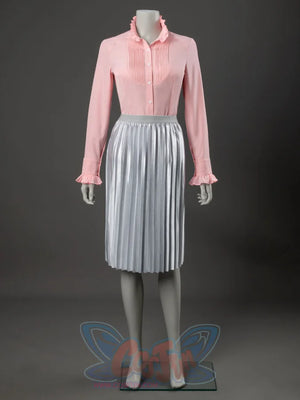 Glinda cosplay costume front view with a ruffled pink blouse tucked into a silver pleated skirt